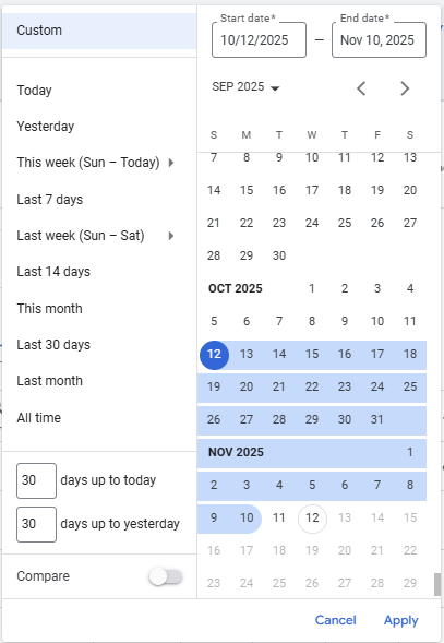 How do I compare date ranges in reports?