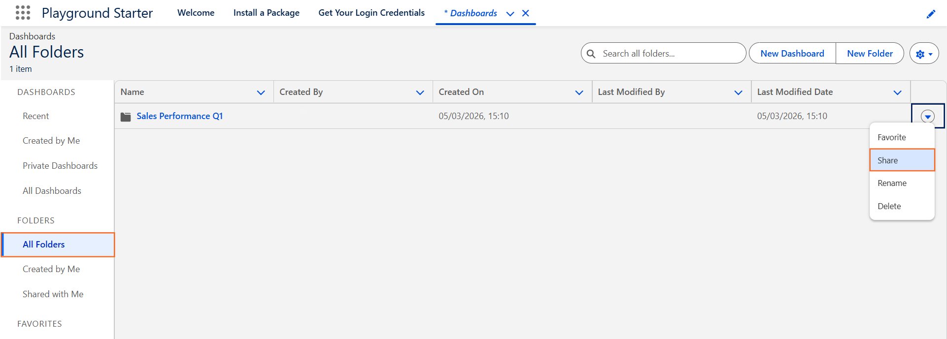 How do I control who can see a dashboard? | Salesforce | Step 1