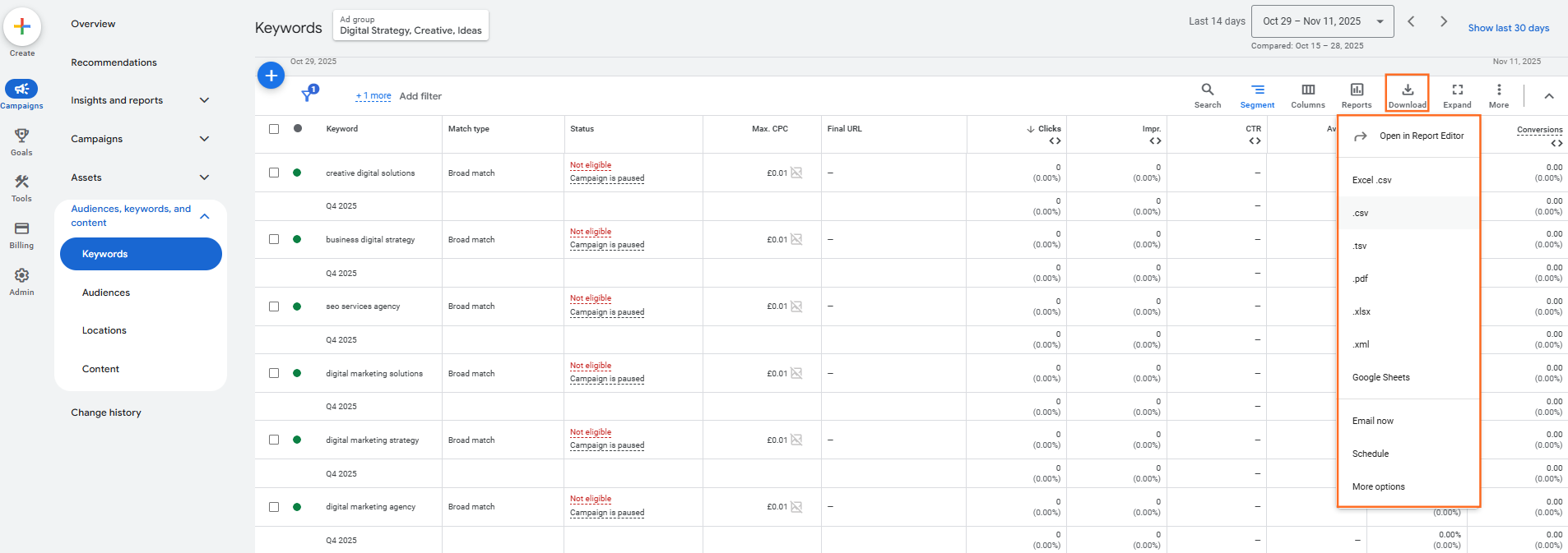How do I export campaign data to a spreadsheet?