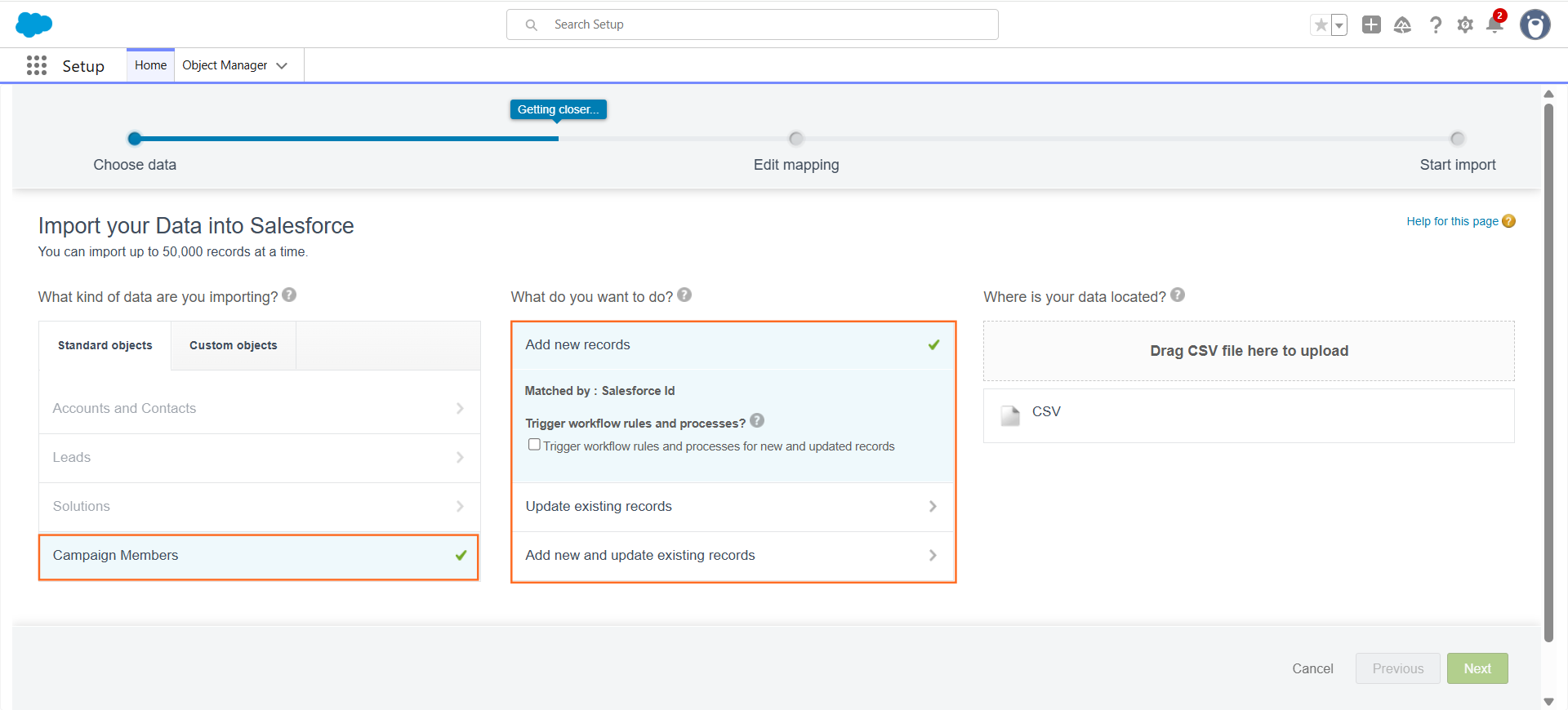 How do I import campaign data from a CSV? | Salesforce | Step 3.1
