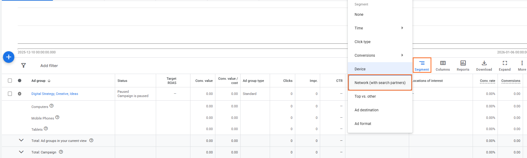 How do I segment performance by network? Stage 1