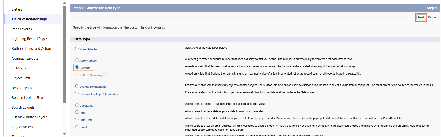 Navigate to Setup > Object Manager. Select your Object and click Fields & Relationships. Click New.